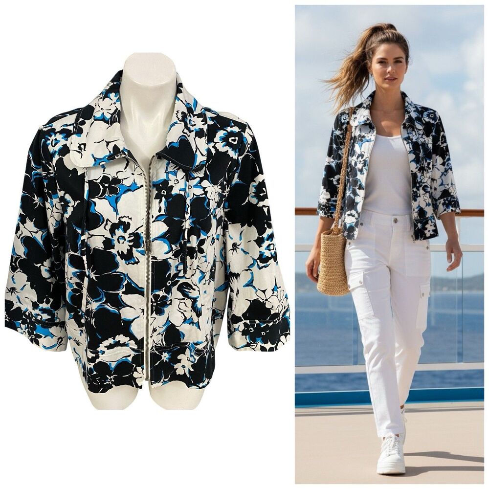Requirements Jacket Womens Large Black White Floral Full Zip 3/4 Sleeve Resort